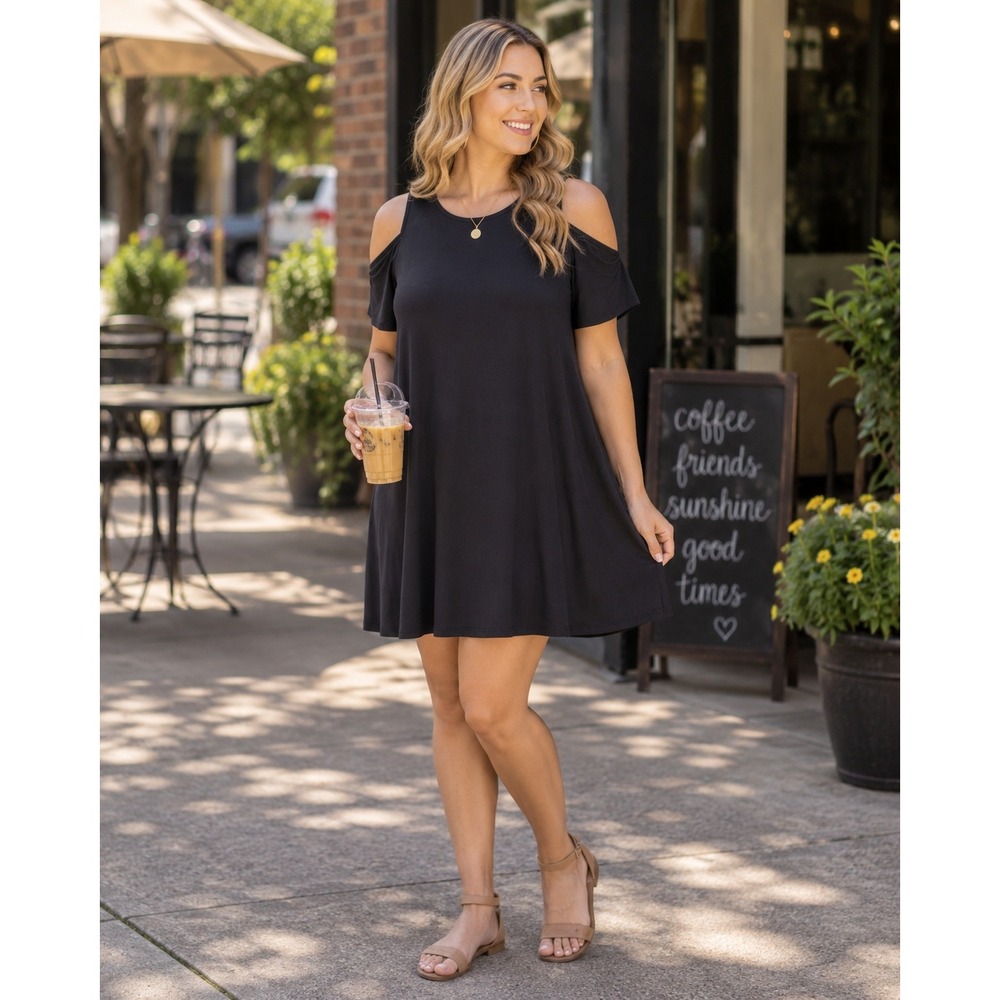 Womens Black Cold Shoulder Dress Short Sleeve Crew Neck Shift Mini Dress